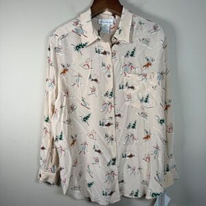 Vintage NWT Evan Picone 100% Silk Ski Motif Button Down Shirt 18W Career Office